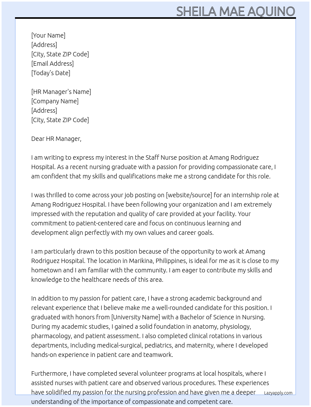 Staff Nurse At Amang Rodriguez Hospital Cover Letter