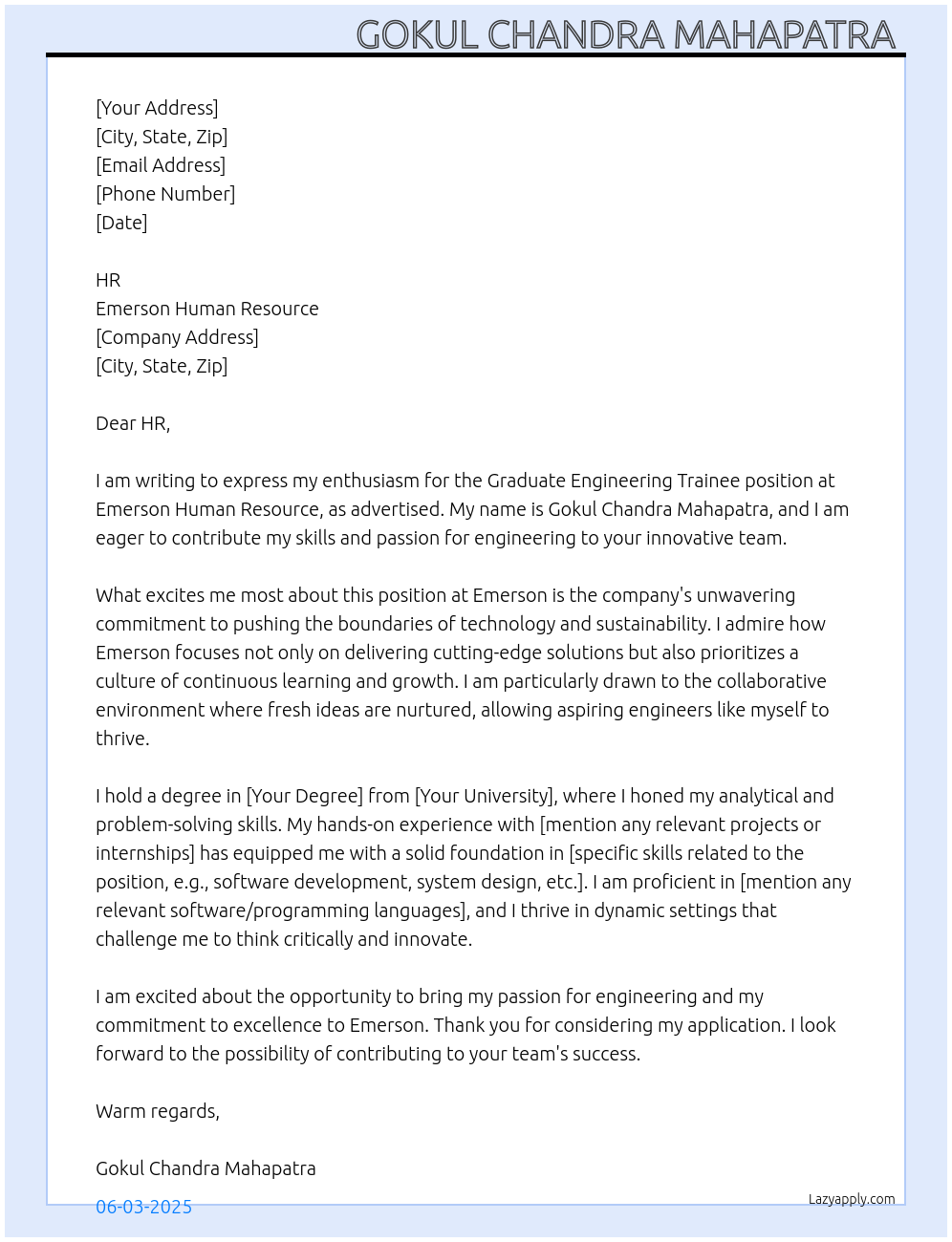 Graduate Engineering Trainee At Emerson Human Resource Cover Letter