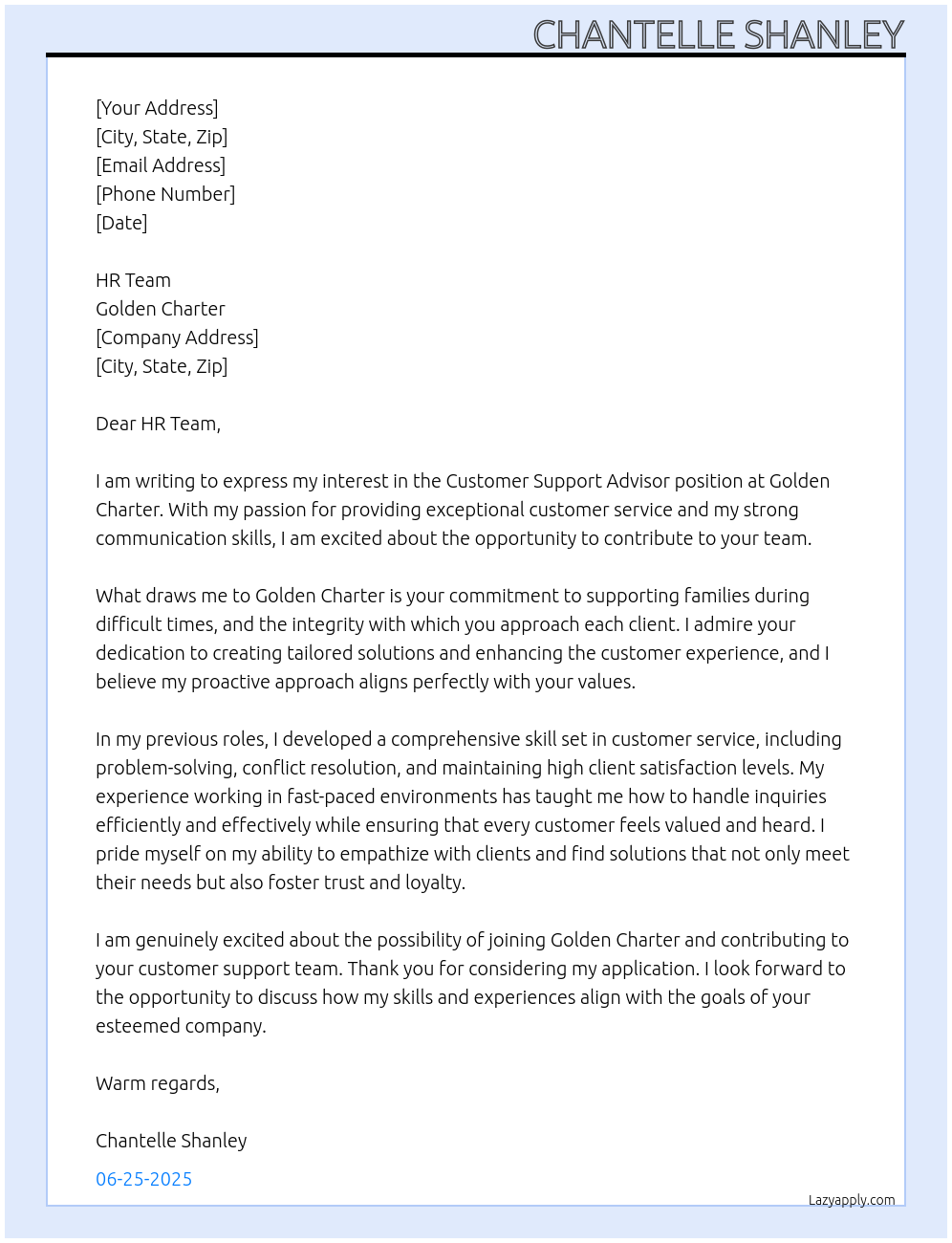 Customer Support Advisor At golden charter Cover Letter