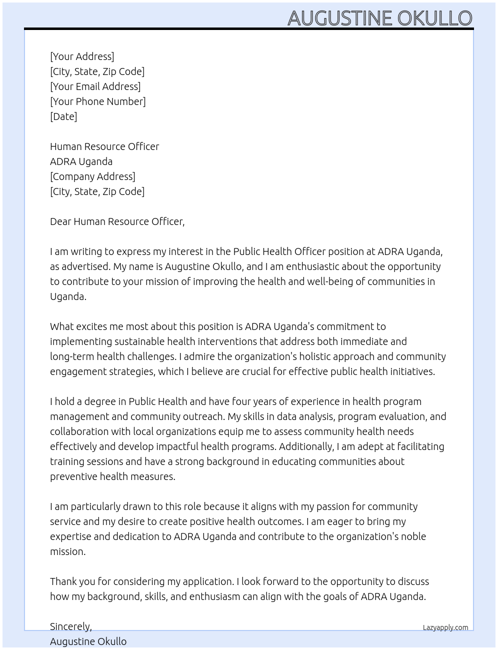 Public Health Officer At ADRA uganda Cover Letter