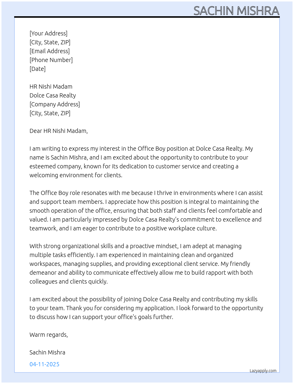 OFFICE BOY At Dolce Casa Realty Cover Letter