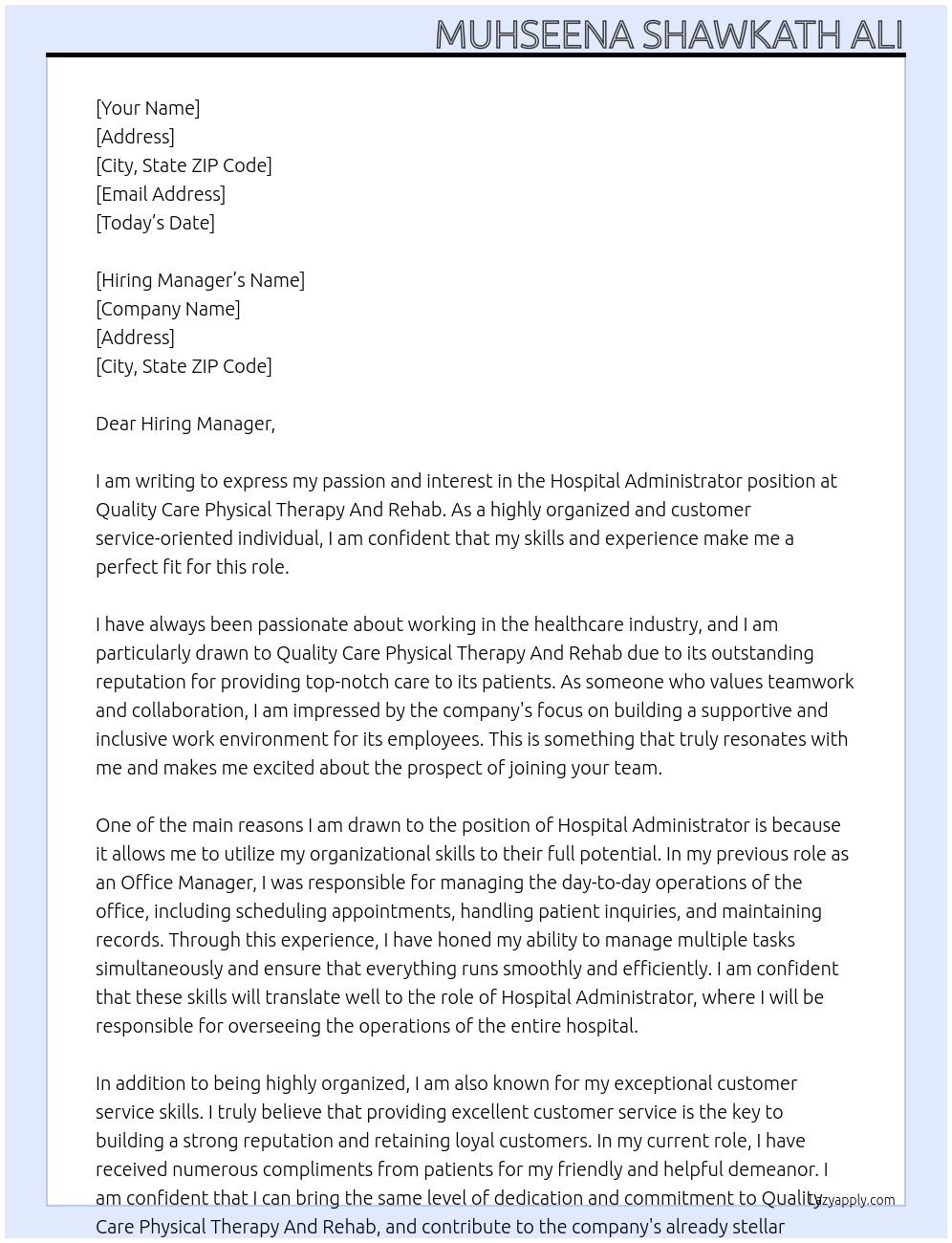 hospital administrator At Quality Care Physical Therapy And Rehab Cover Letter