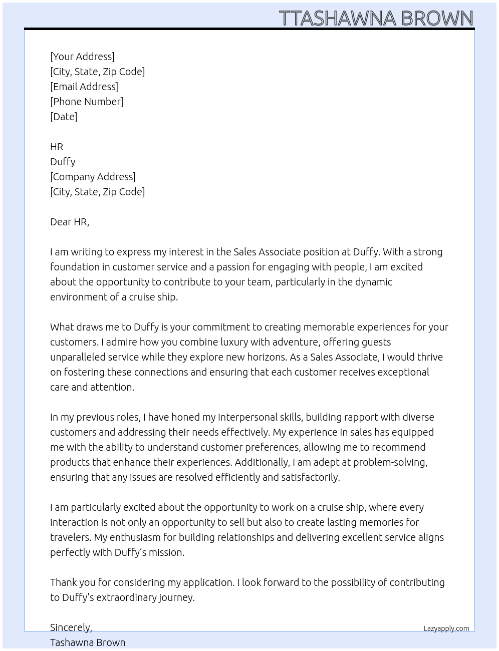 Sales associate At Duffy Cover Letter