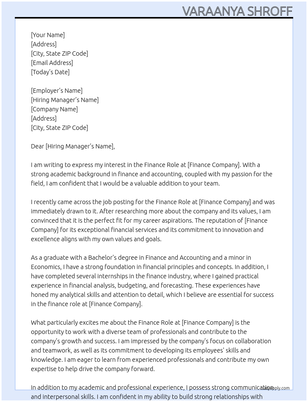 Finance role At Finance company Cover Letter