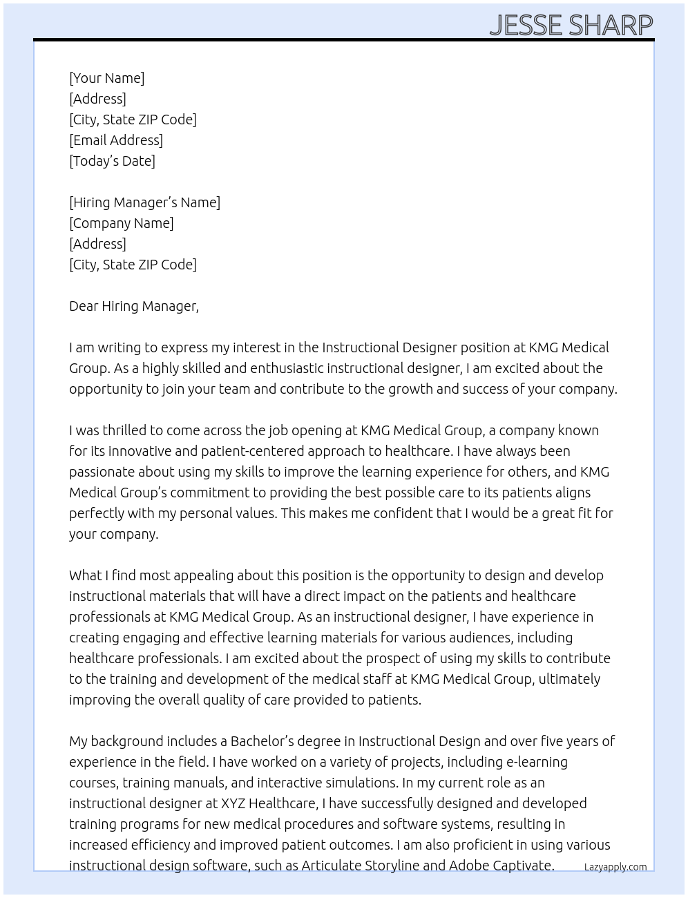 instructional designer At KMG Medical Group Cover Letter