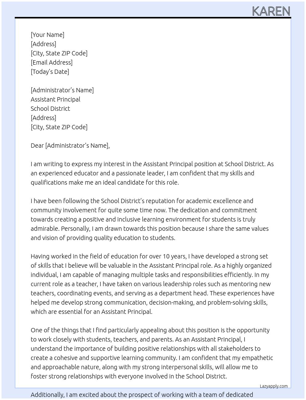 Assistant principal At School District Cover Letter