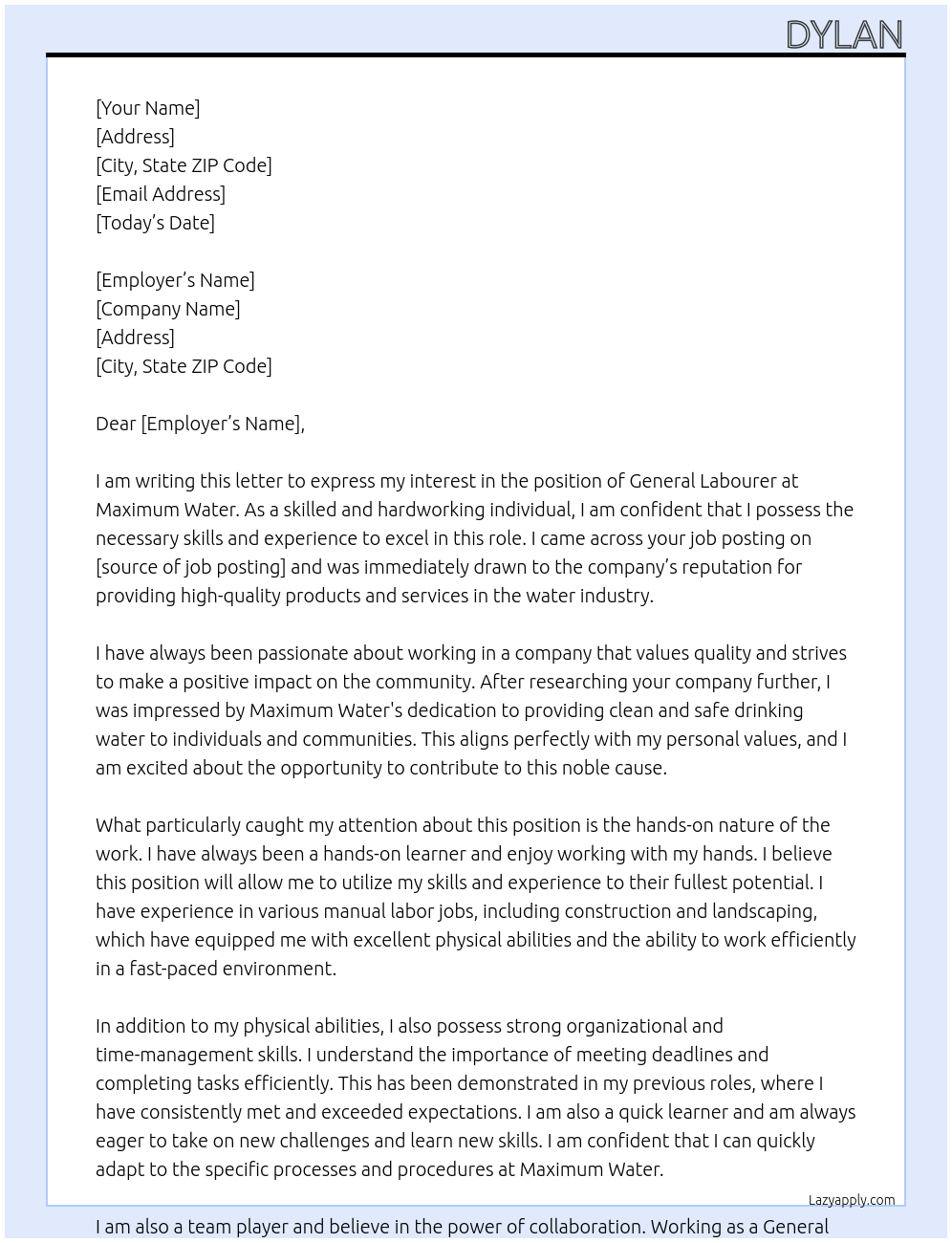 General labourer At Maximum water Cover Letter