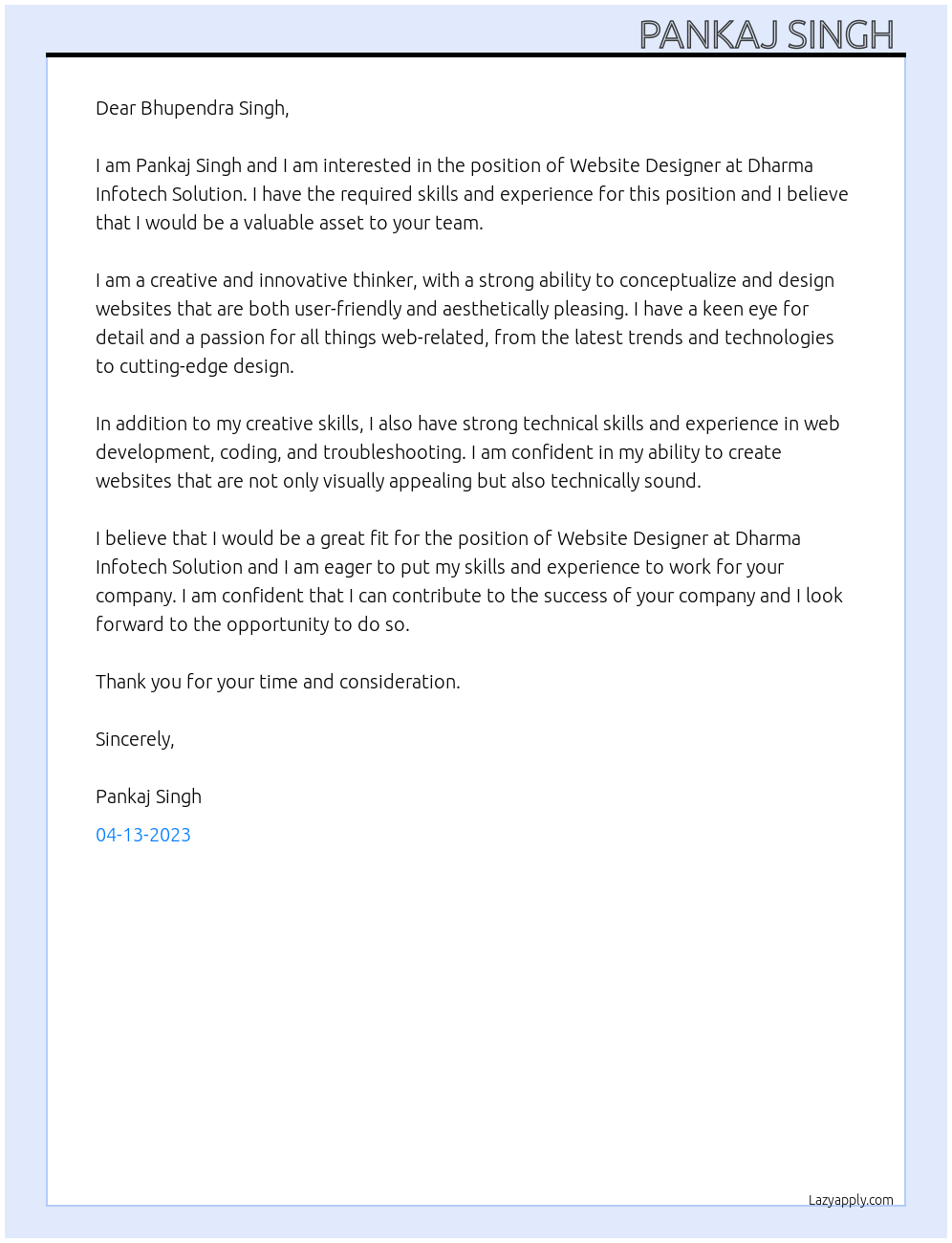 Website Designer At Dharma infotech Solution Cover Letter