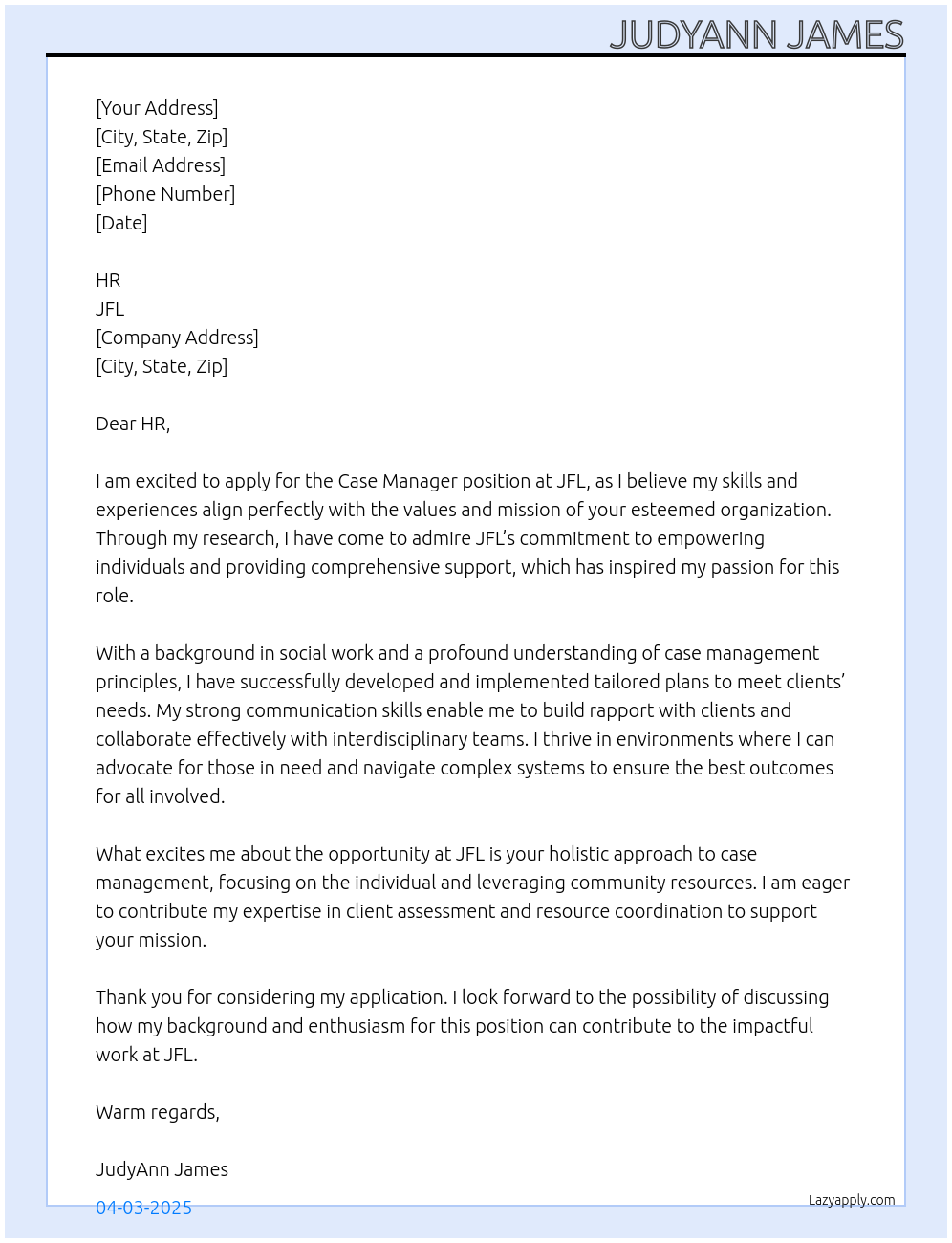 case Manager At JFL Cover Letter