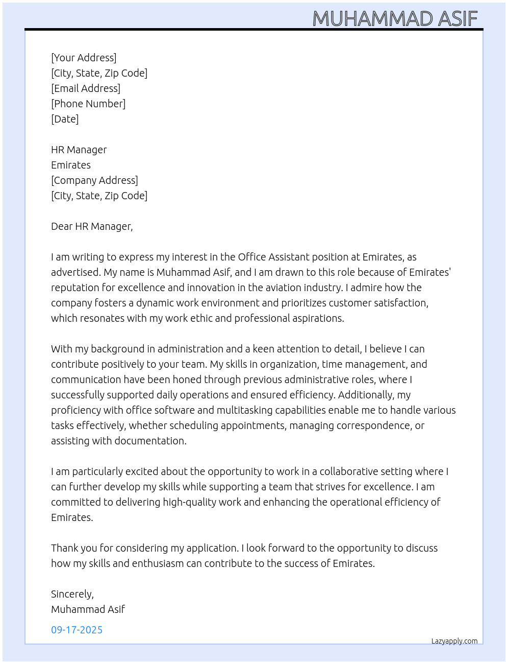 Office Assistant  At Emirates  Cover Letter