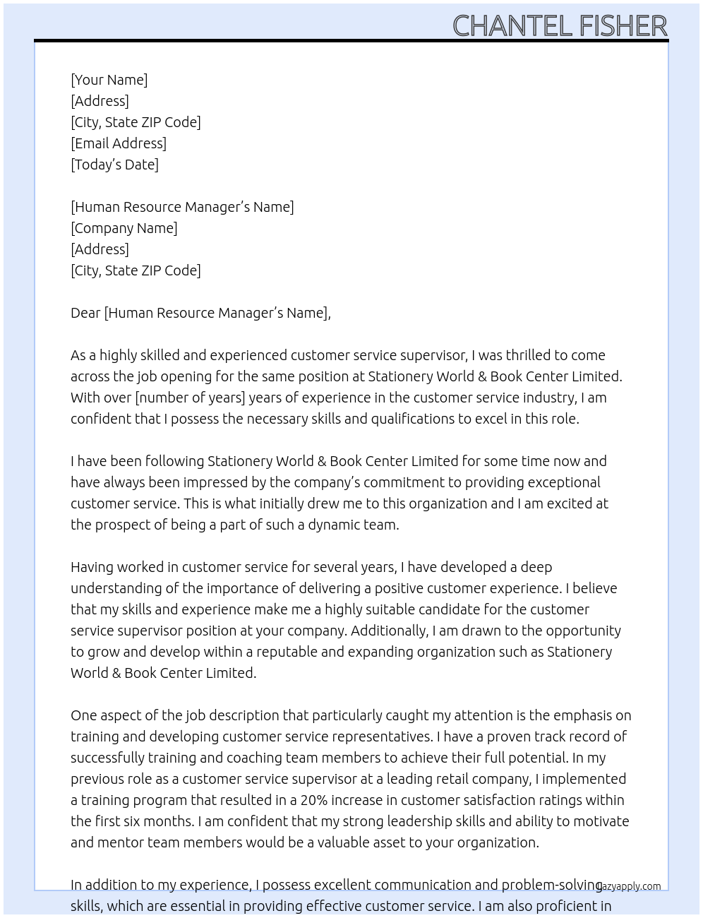 Customer Service Supervisor At Stationery World & Book Center Limited Cover Letter