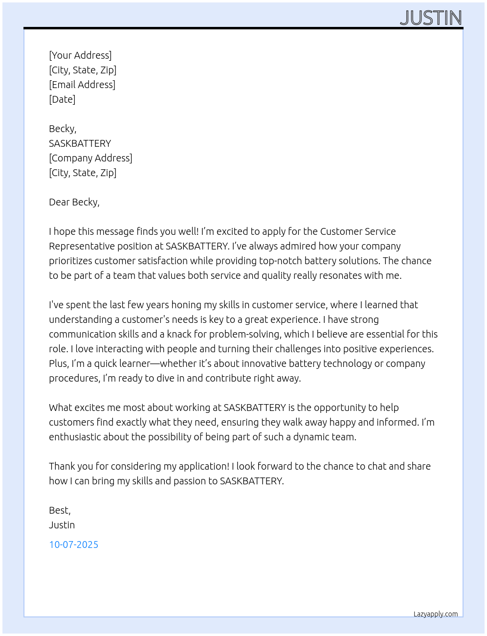 Customer Service Representative At SASKBATTERY Cover Letter