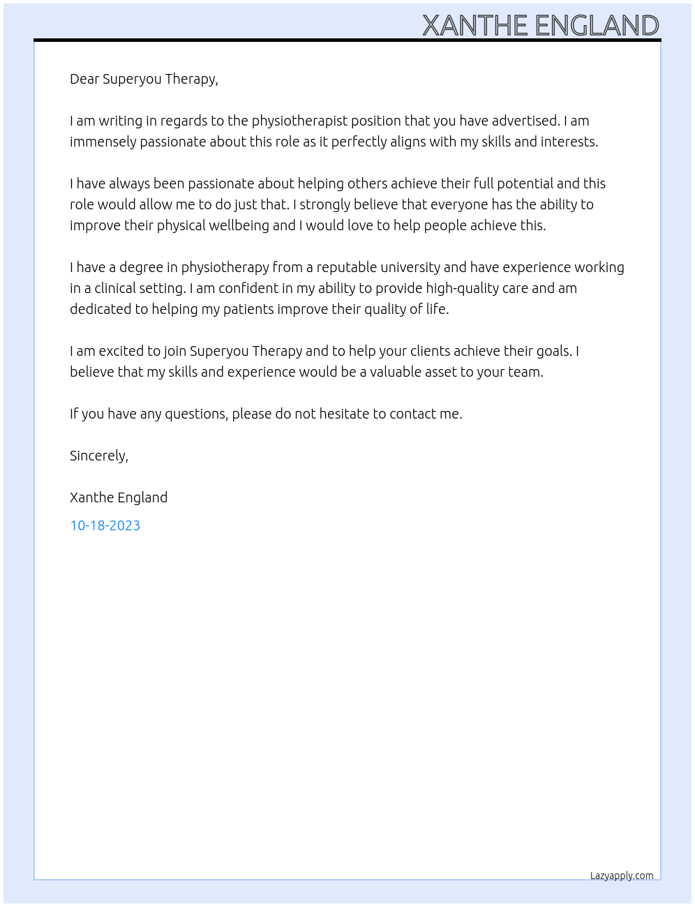 Physiotherapist At Superyou Therapy Cover Letter