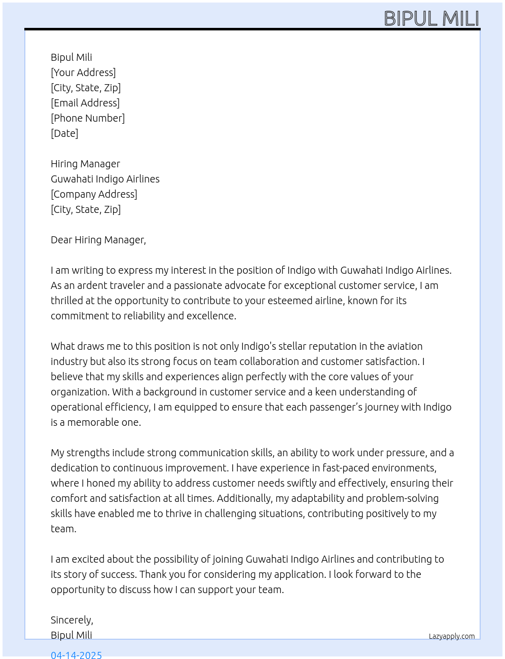 Cover letter for indigo - LazyApply