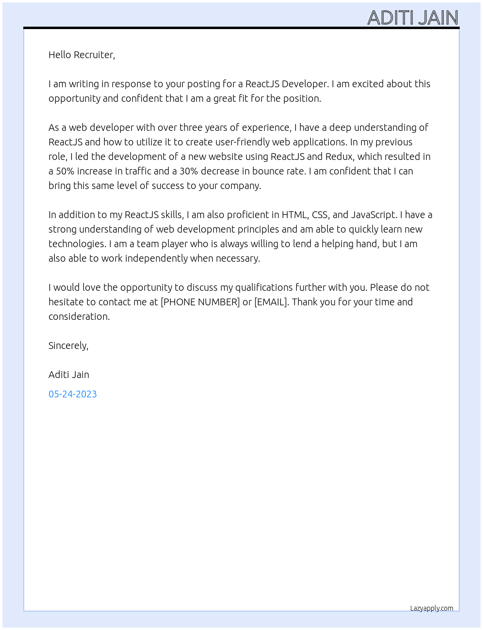 ReactJS Developer At Nagarro Cover Letter