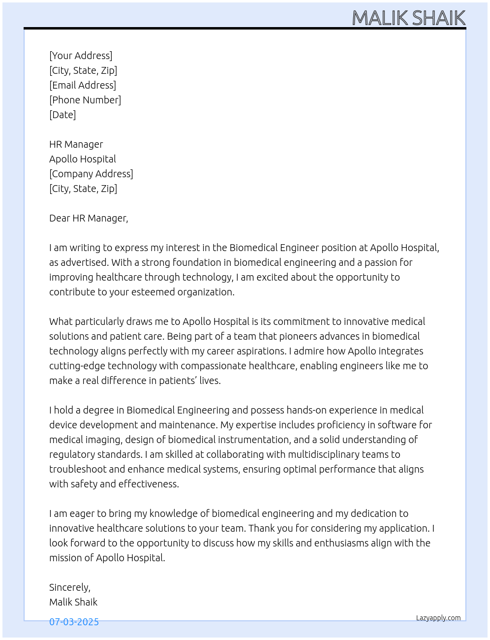 Biomedical engineer At Apollo hospital Cover Letter