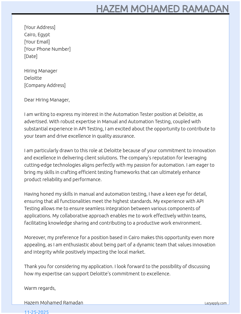 Automation Tester At Deloitte Cover Letter