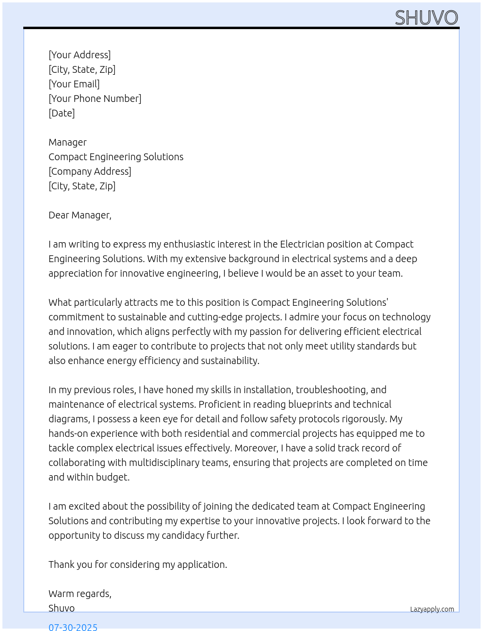Electrician At Compact engineering solution Cover Letter