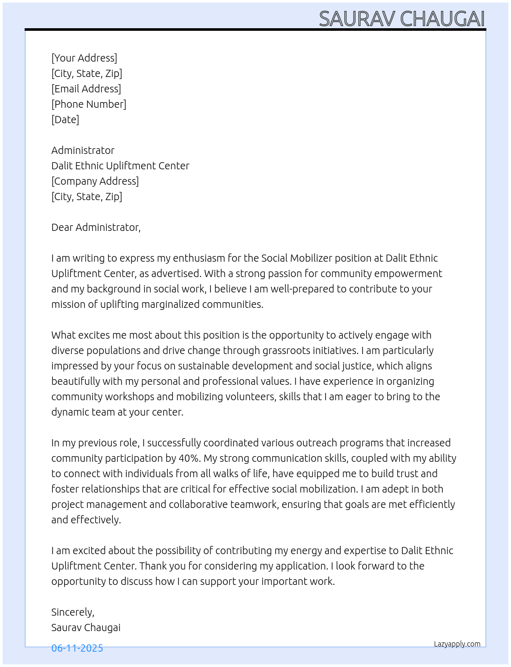 Social Mobilizer At Dalit Ethnic Upliftment center Cover Letter