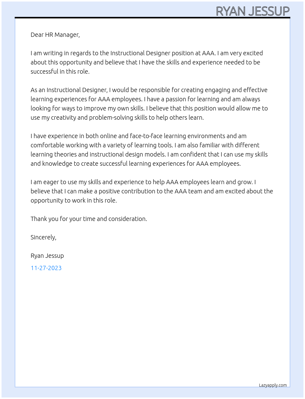 Instructional Designer At AAA Cover Letter