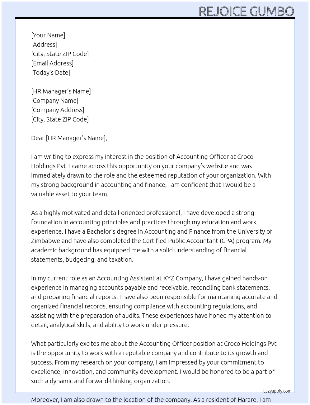 Accounting officer At Croco Holdings Pvt Cover Letter