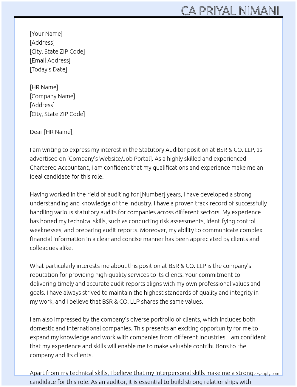 Statutory Auditor  At BSR & CO. LLP Cover Letter