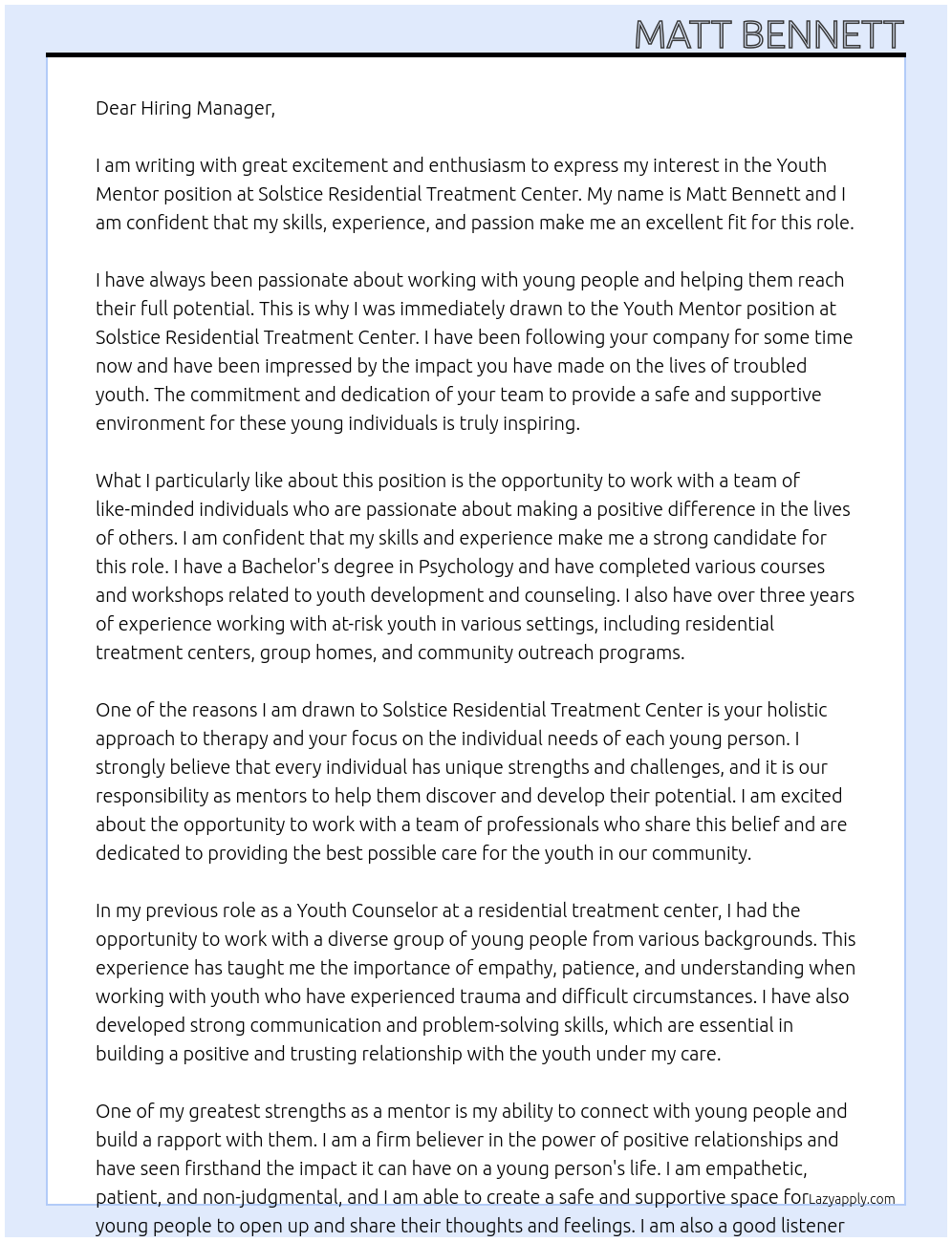 Youth Mentor At Solstice Residential Treatment Center Cover Letter