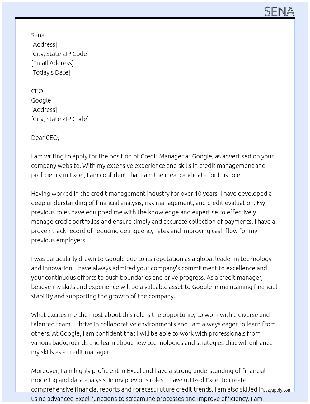 credit manager At google Cover Letter