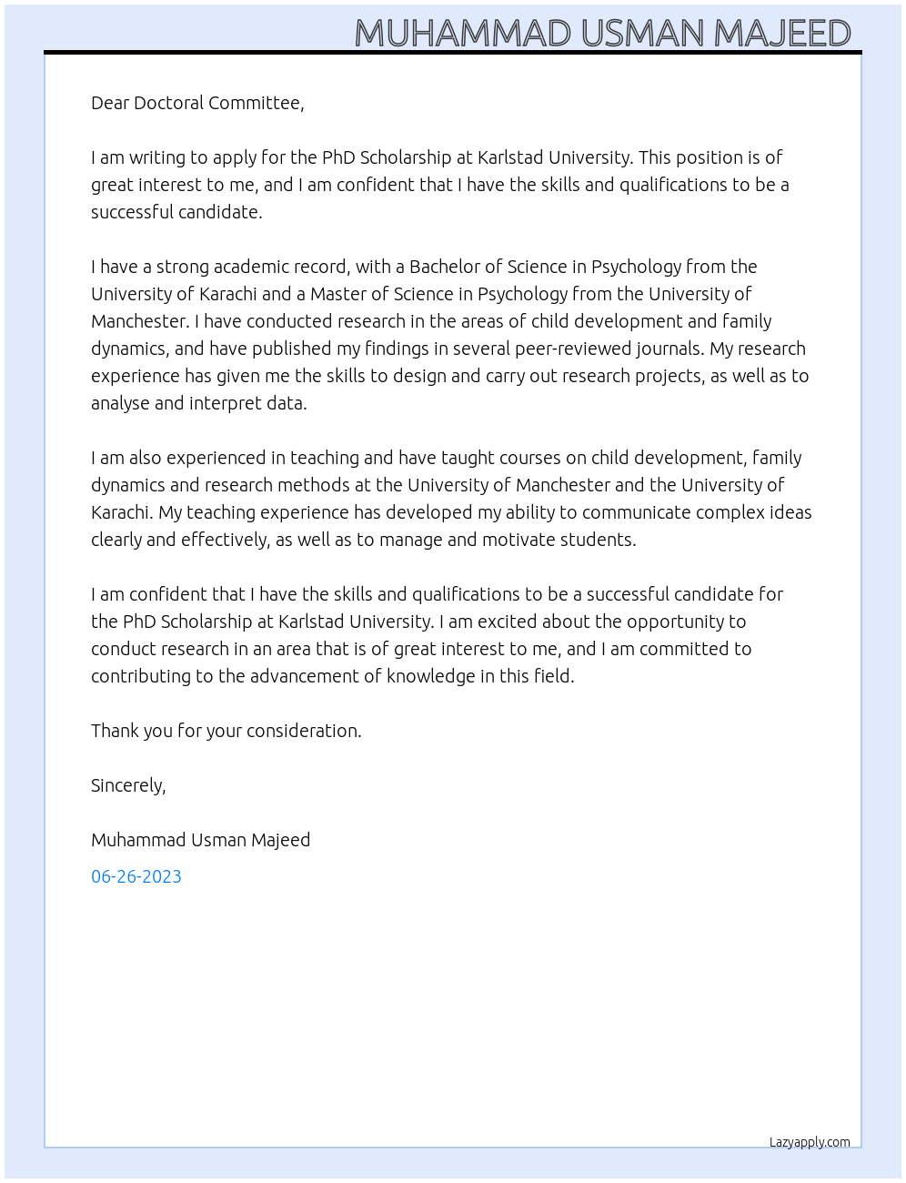 PhD Scholarship At karlstad university Cover Letter