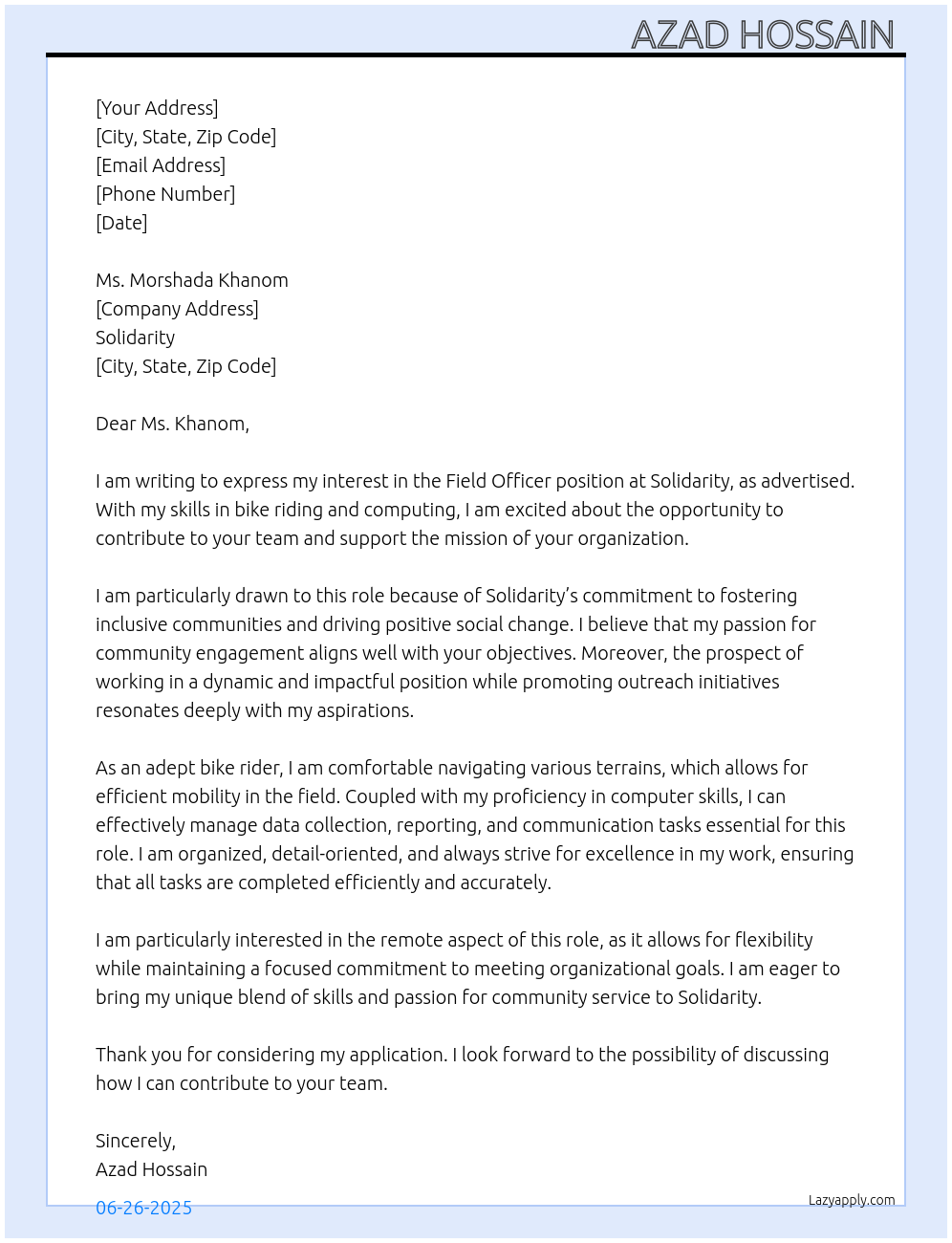 Field Officer At Solidarity Cover Letter