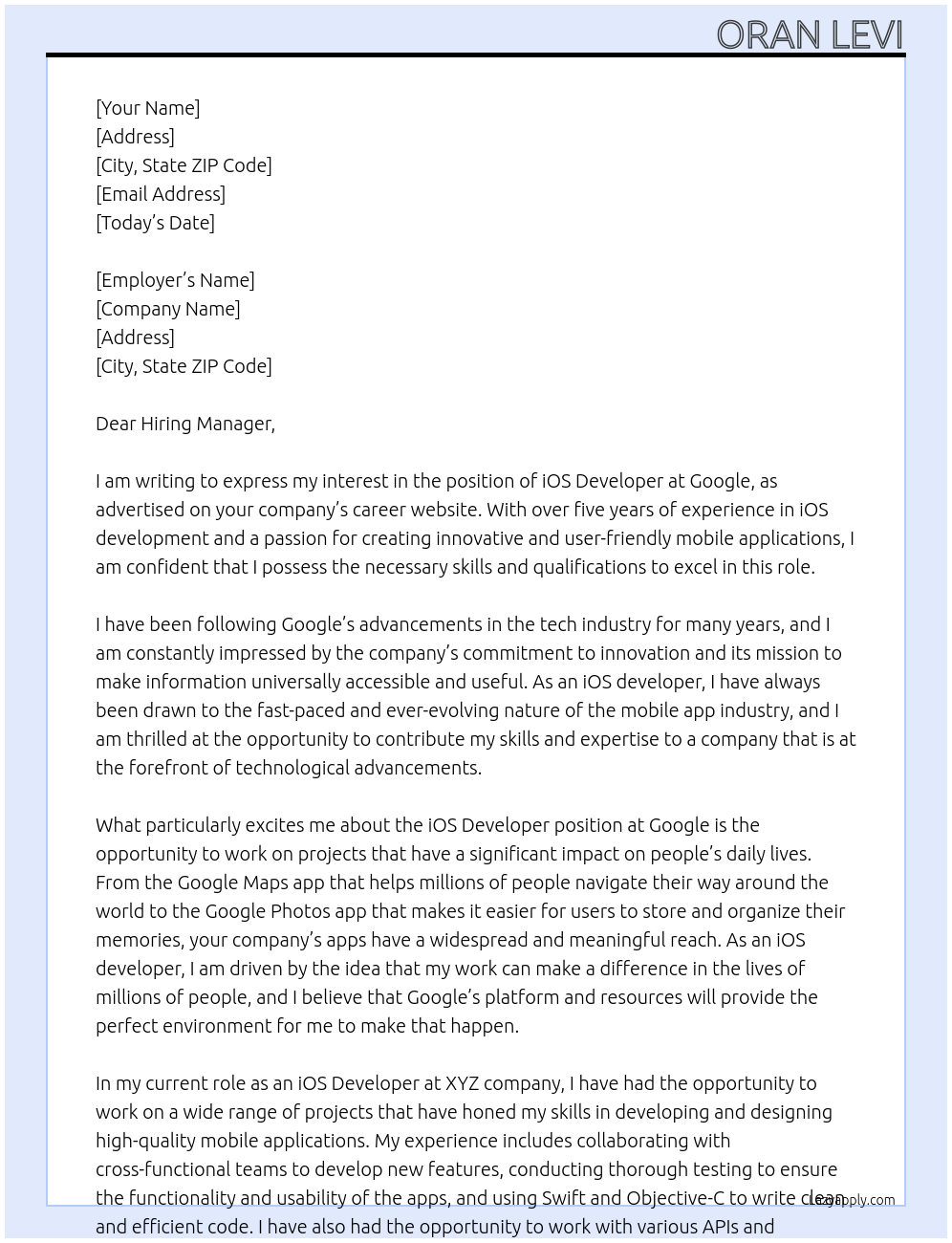 ios developer At google Cover Letter