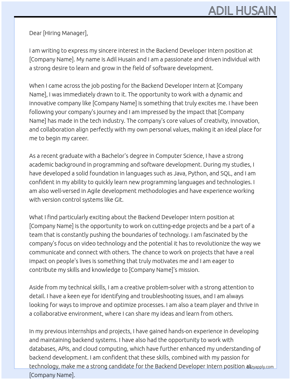 Backend Developer Intern At interactly.video Cover Letter