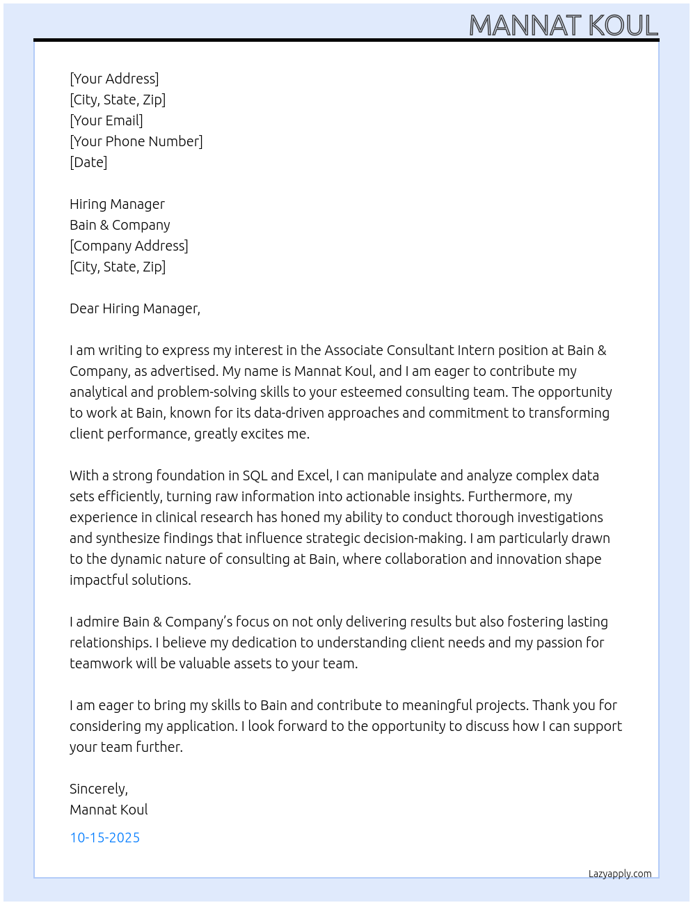 Associate Consultant Intern At Bain & Company Cover Letter