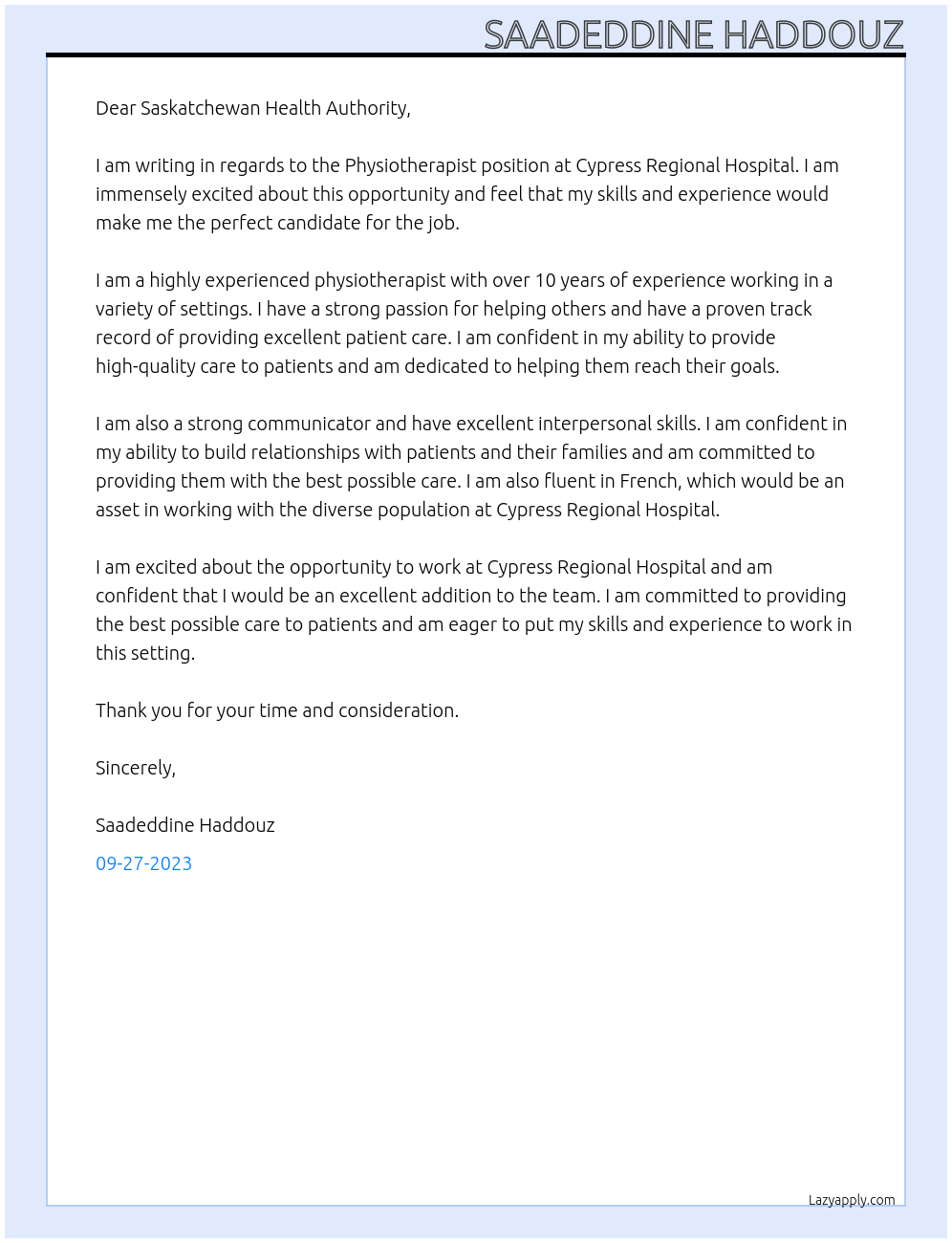 Physiotherapist At Saskatchewan Health Authority Cover Letter