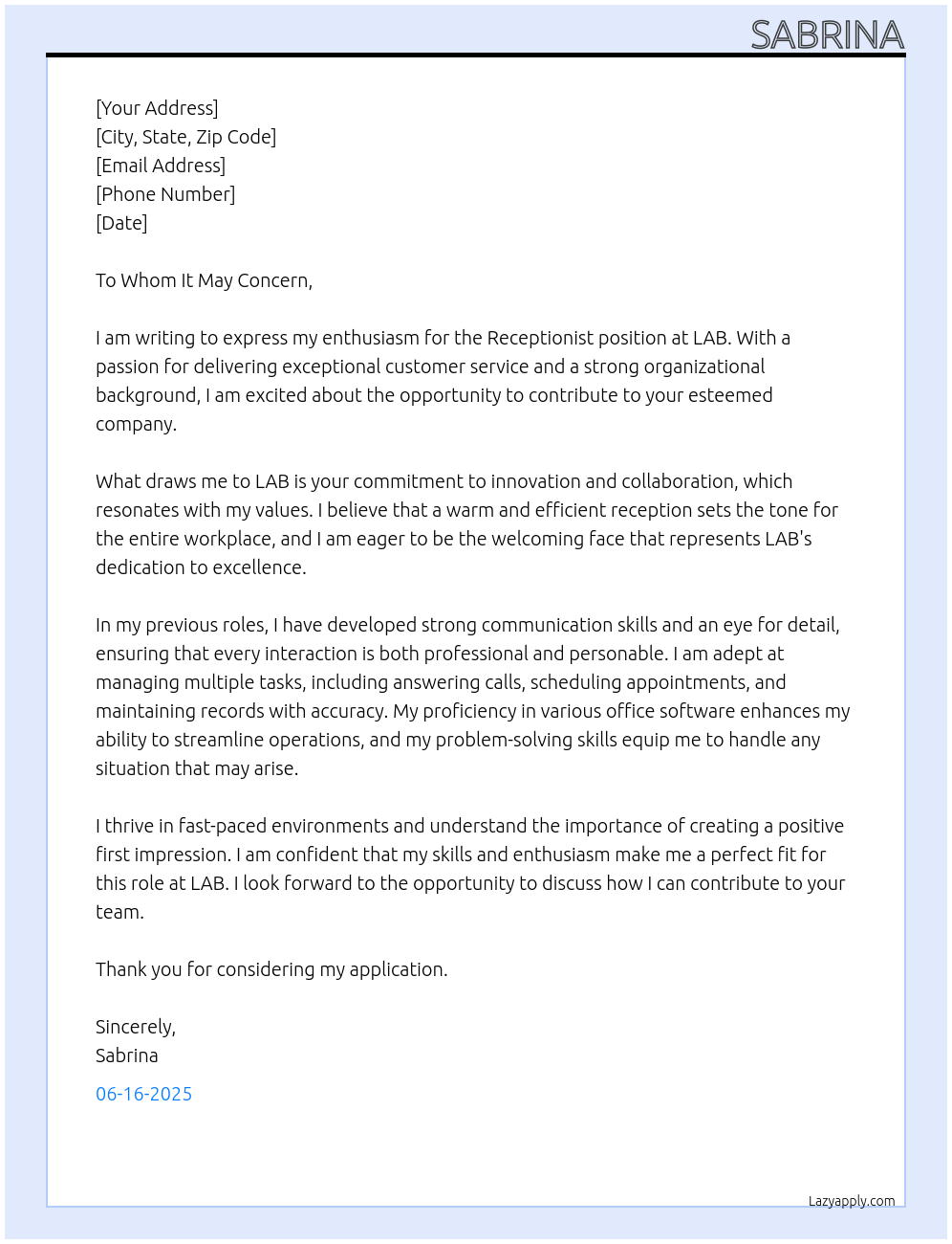 Receptionist At LAB Cover Letter