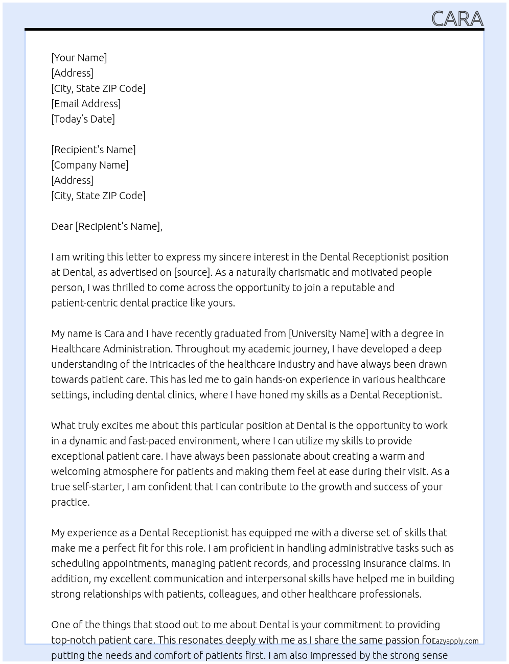 Dental receptionist At Dental Cover Letter