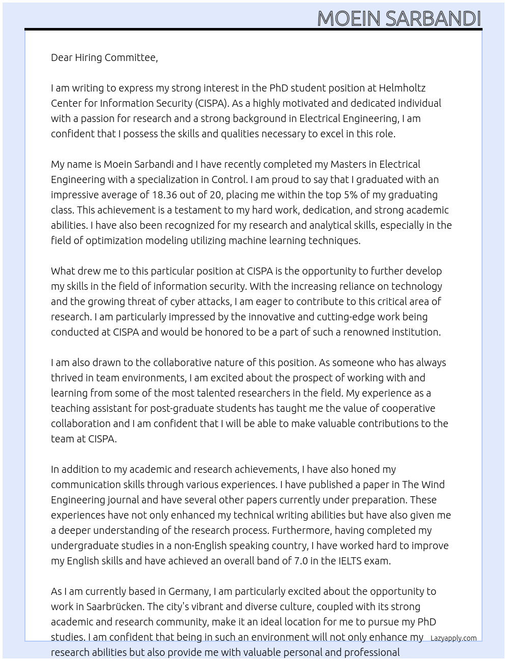  PhD student At Helmholtz Center for Information Security (CISPA) Cover Letter