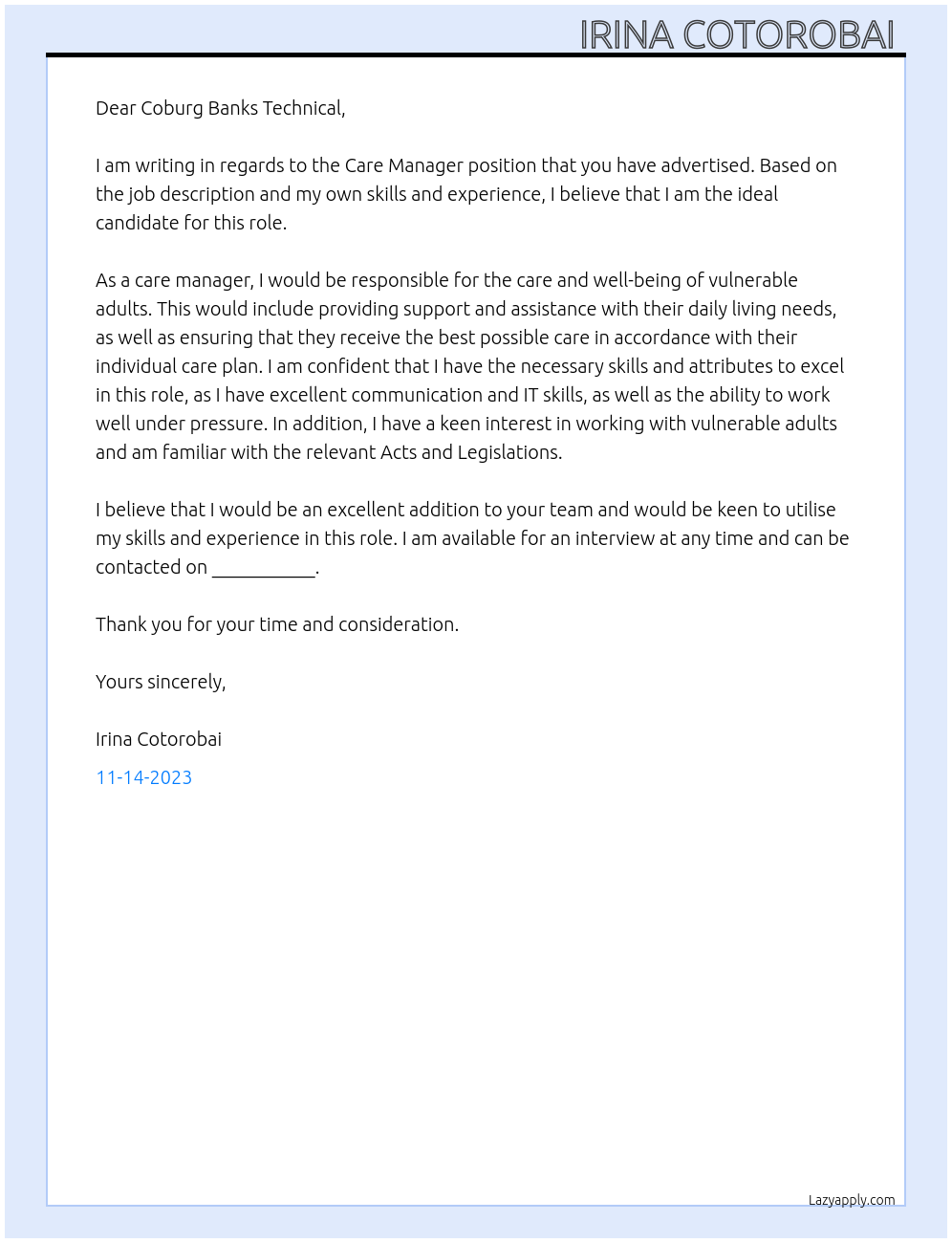 Care manager  At Coburg Banks Technical  Cover Letter