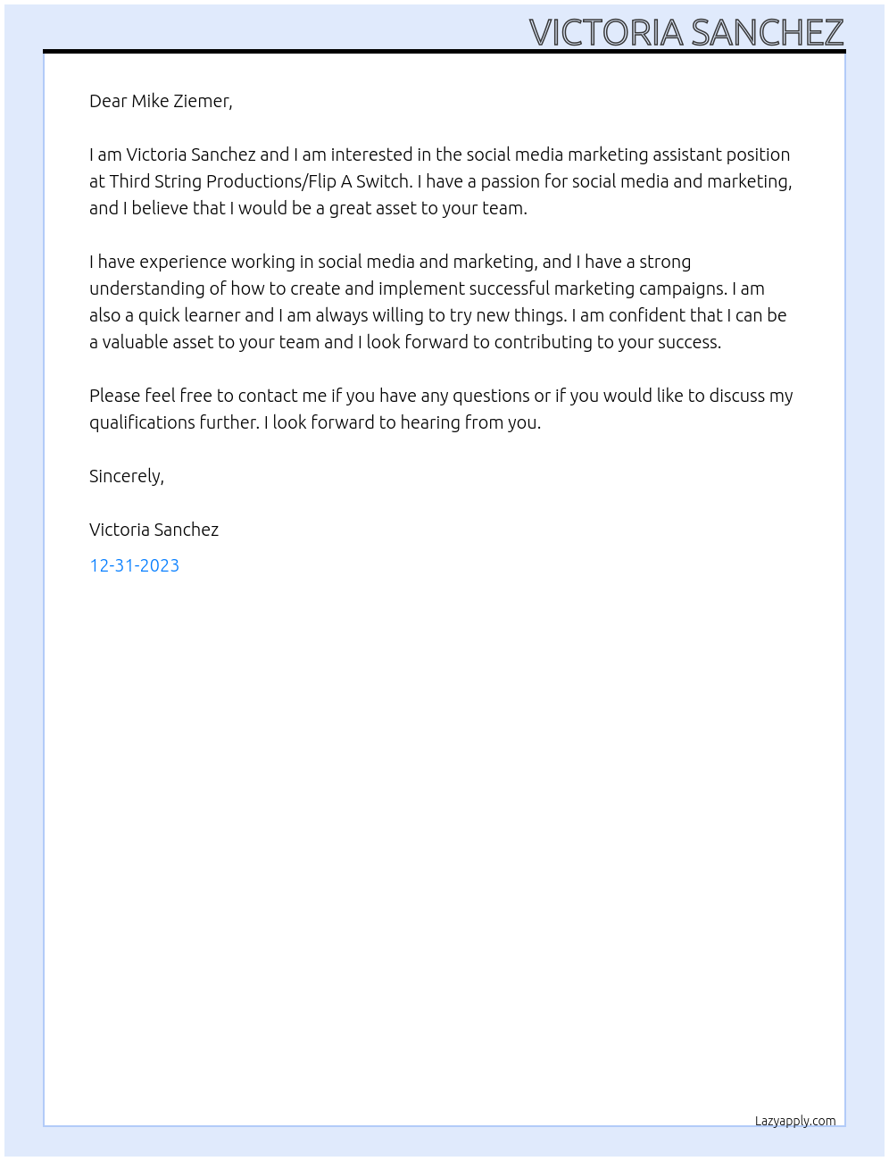 Social media marketing assistant At Third String Productions/Flip A Switch Cover Letter