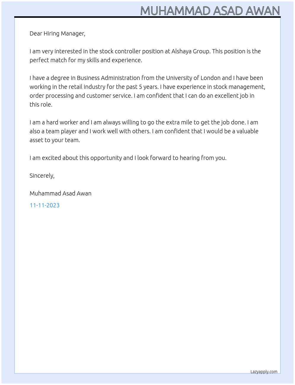 Stock controller At Alshaya Group Cover Letter