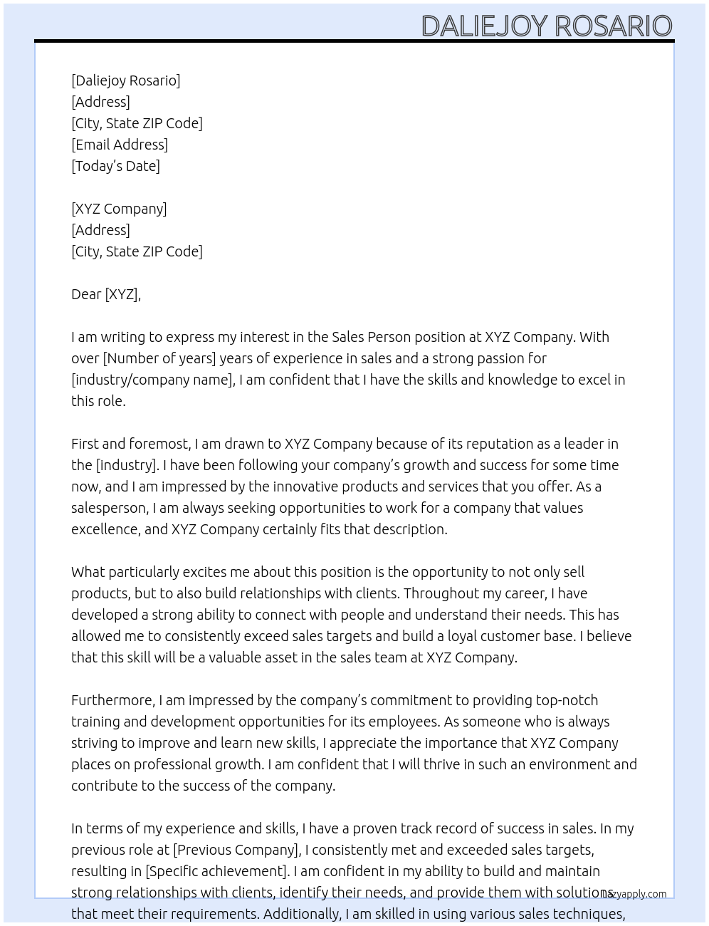 Sales Person At XYZ Cover Letter