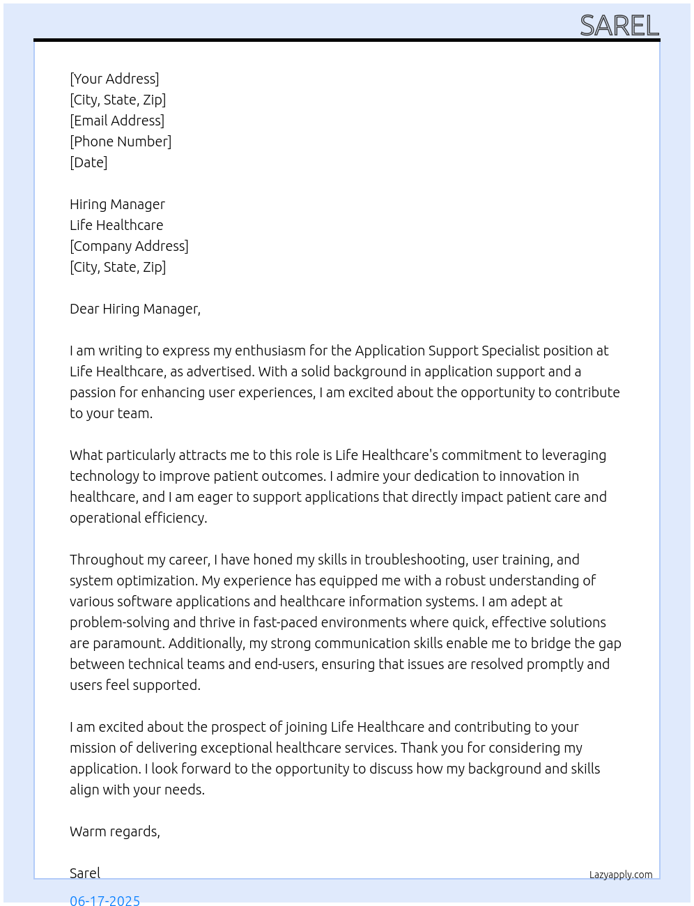 Application Support Specialist At Life Healthcare Cover Letter