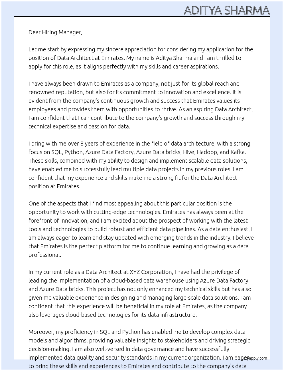 Data Architect At Emirates Cover Letter