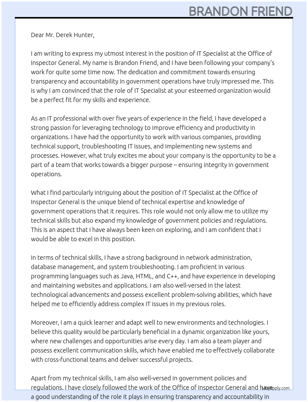 IT Specialist At Office of inspector general Cover Letter