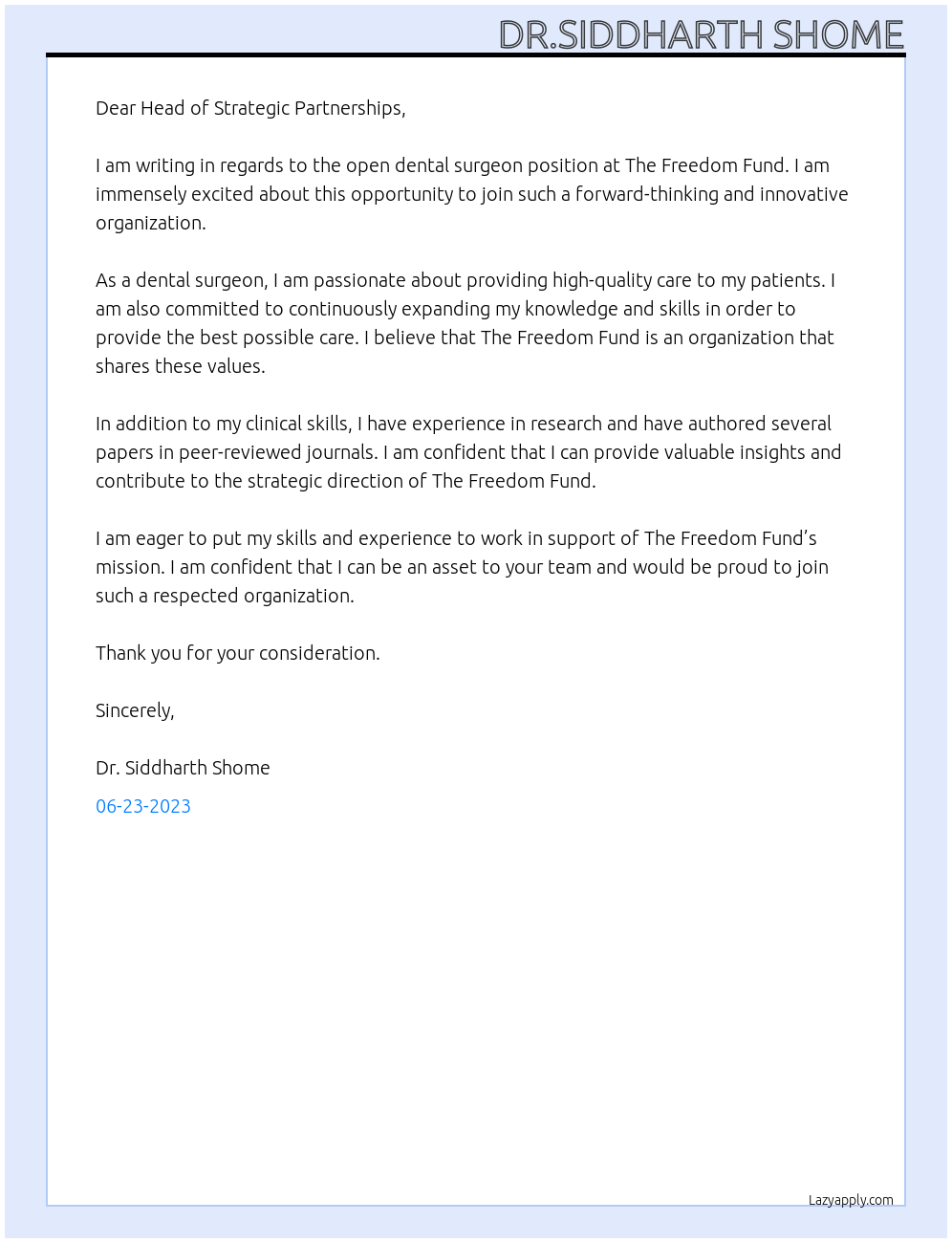Dental surgeon  At The Freedom Fund Cover Letter