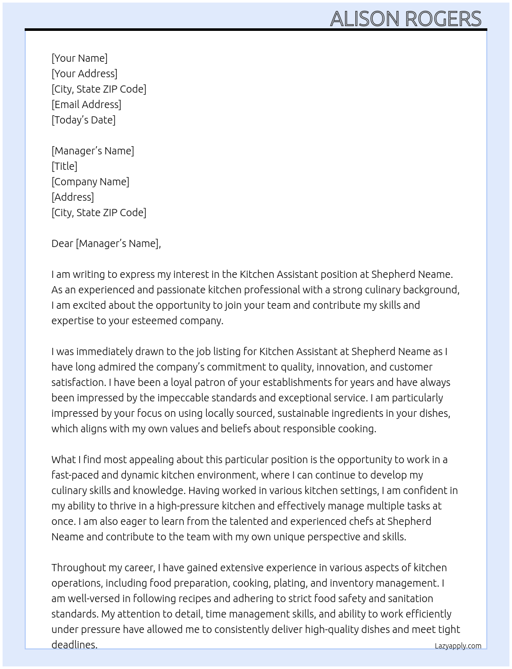 Kitchen Assistant At Shepherd Neame Cover Letter