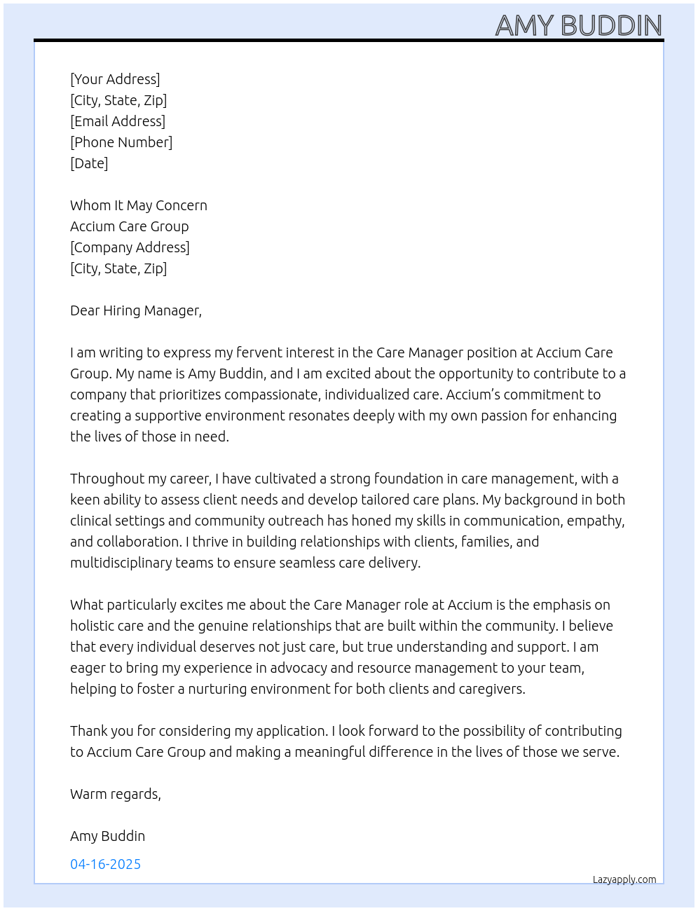 Care manager At Accium care group Cover Letter