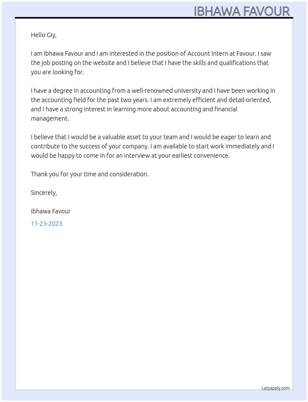 Account Intern  At Favour  Cover Letter