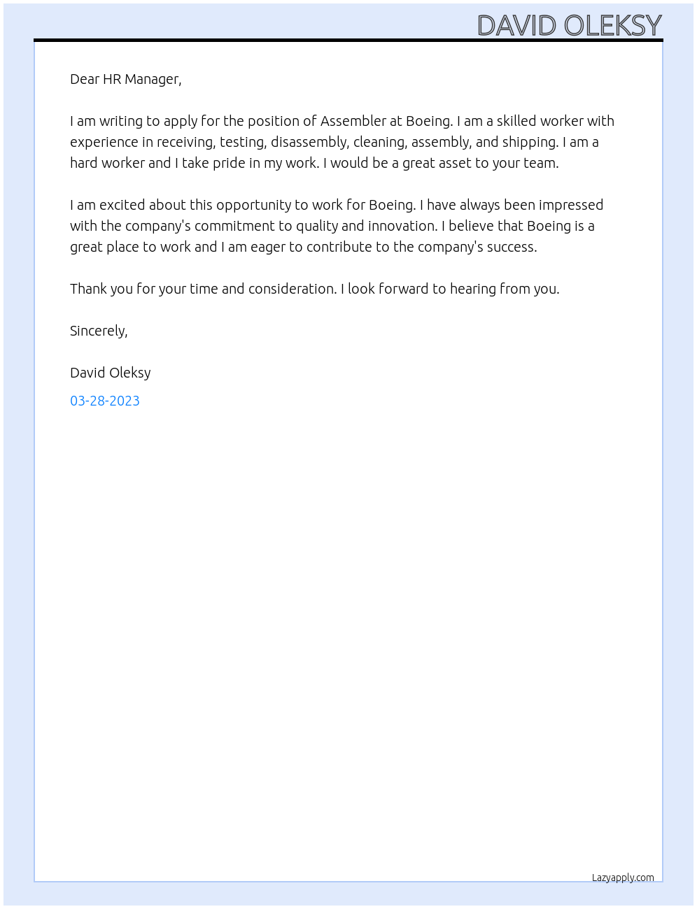 Assembler At Boeing Cover Letter