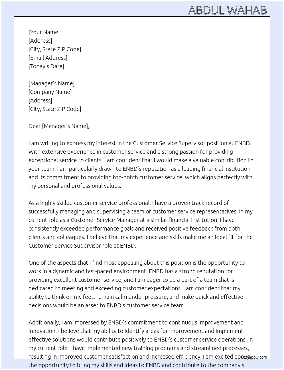 Customer Service Supervisor At ENBD Cover Letter